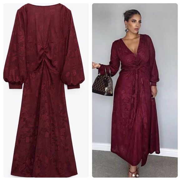 Zara Jacquard Long Burgundy Dress New - Picture 1 of 13